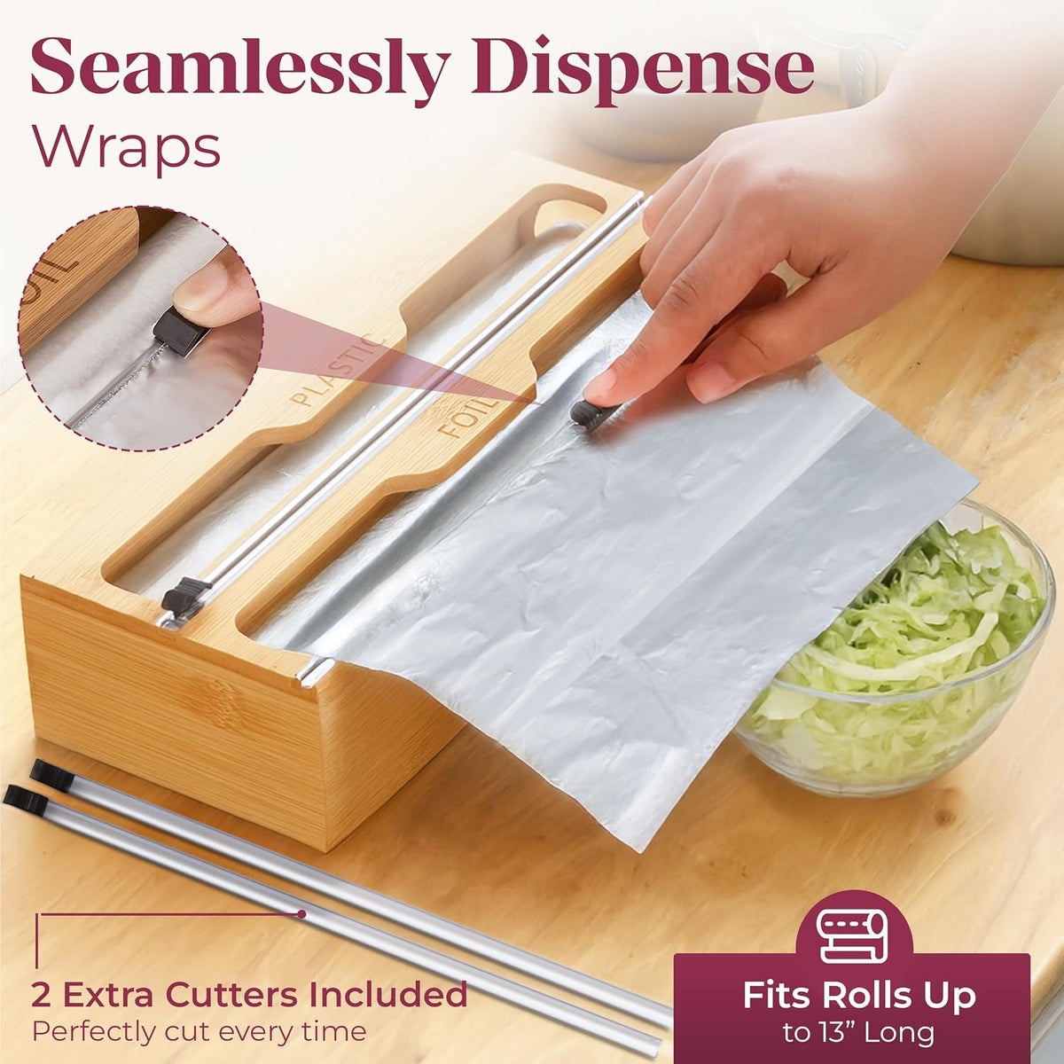Bamboo Food Storage Bag Organizer for Drawer with Foil & Plastic Wrap Dis...