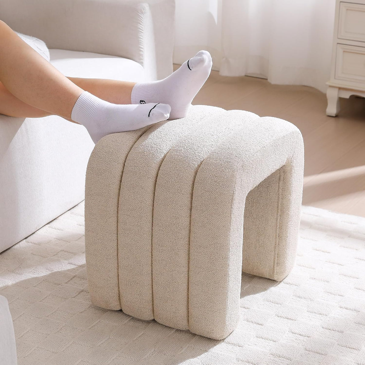 Beige Linen Ottoman Stool, Backless Vanity Stool, Footrest for Couch