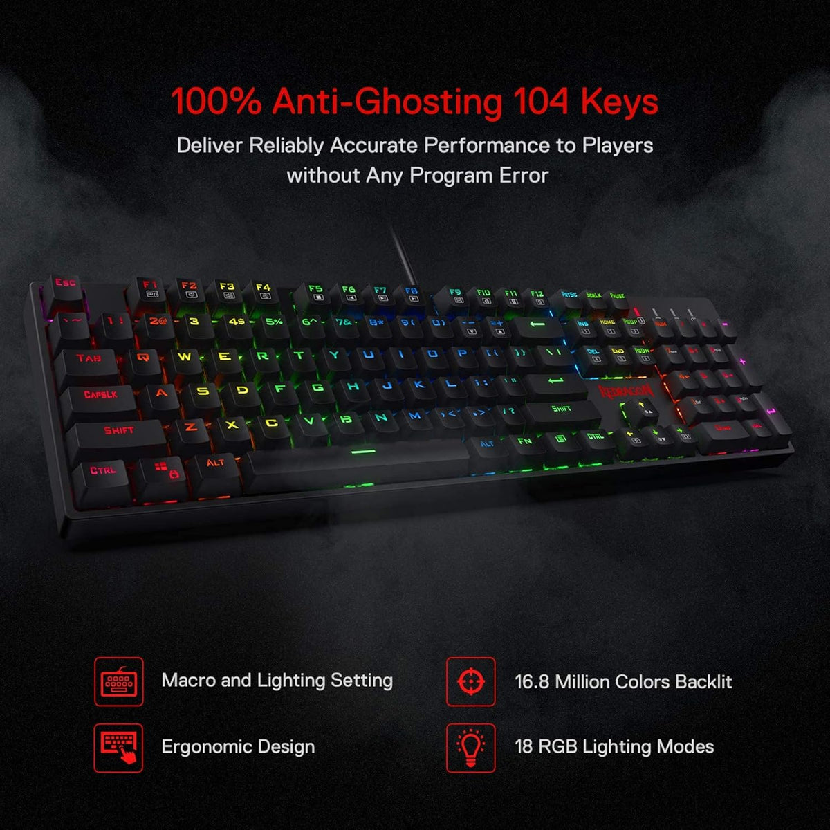 Redragon K582 Wired RGB Mechanical Gaming Keyboard, 104-Key Standard Layout