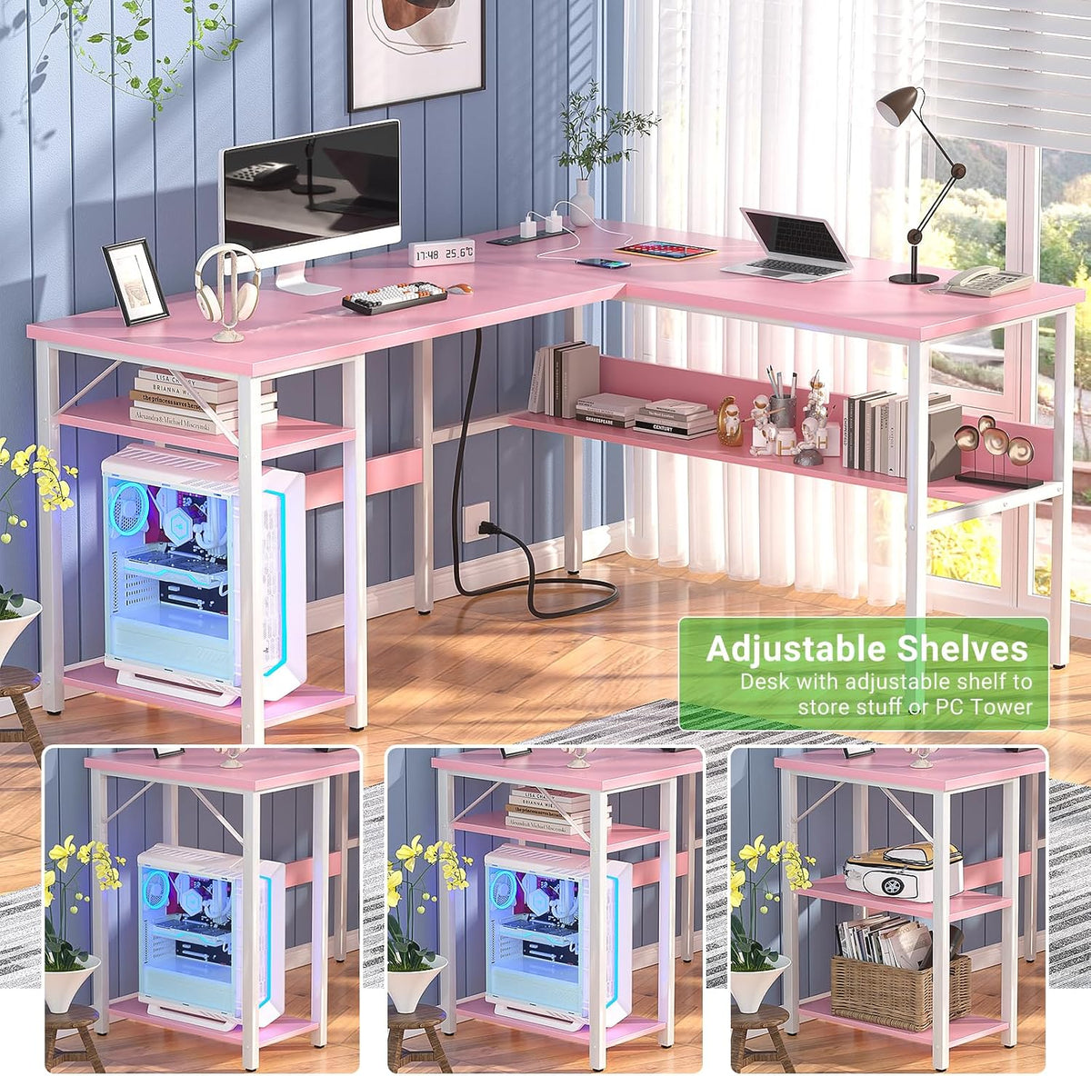 Unikito Reversible L Shaped Desk with Magic Power Outlets and USB Charging Po...