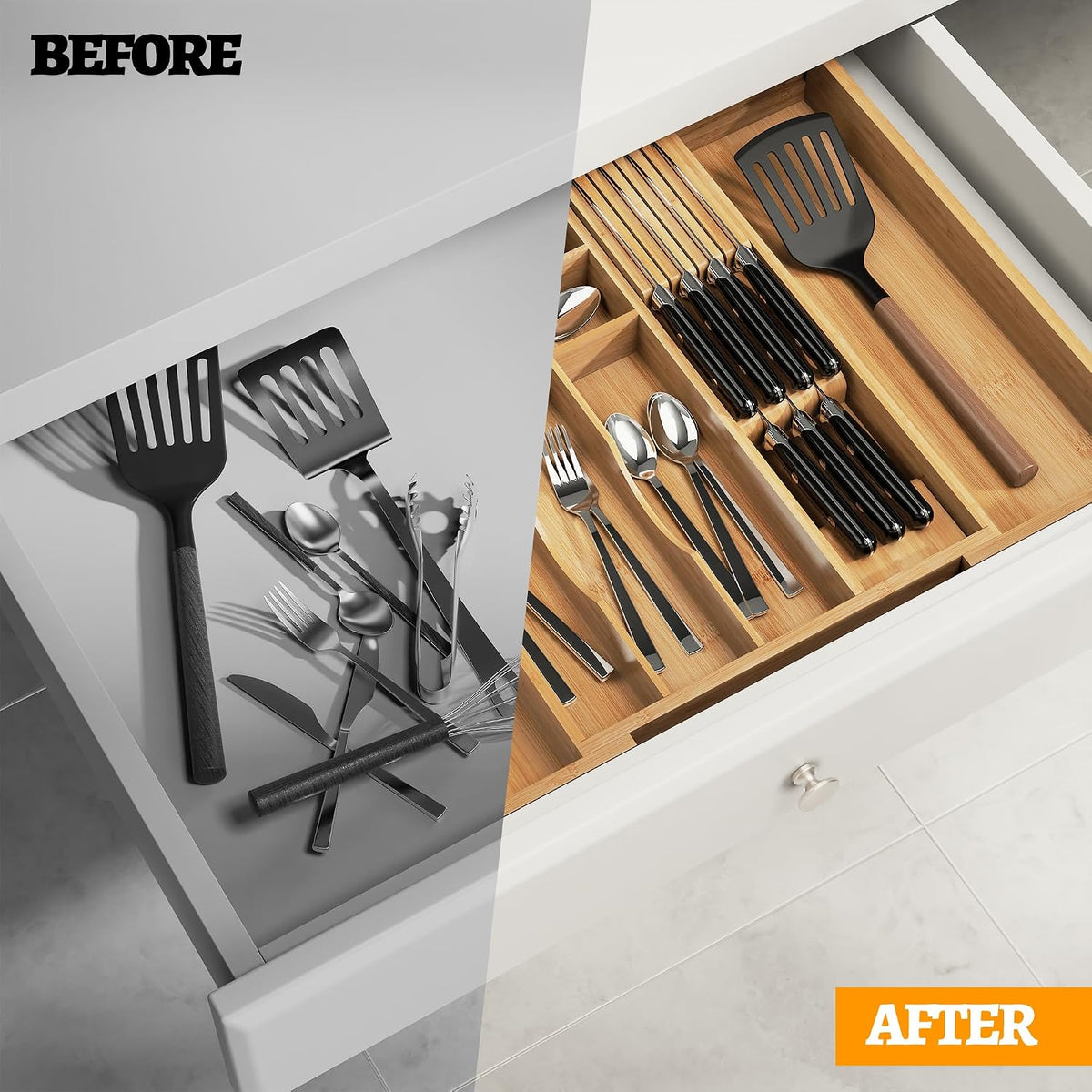 Bamboo Silverware Drawer Organizer, 6-8 Slots Kitchen Drawer Tray