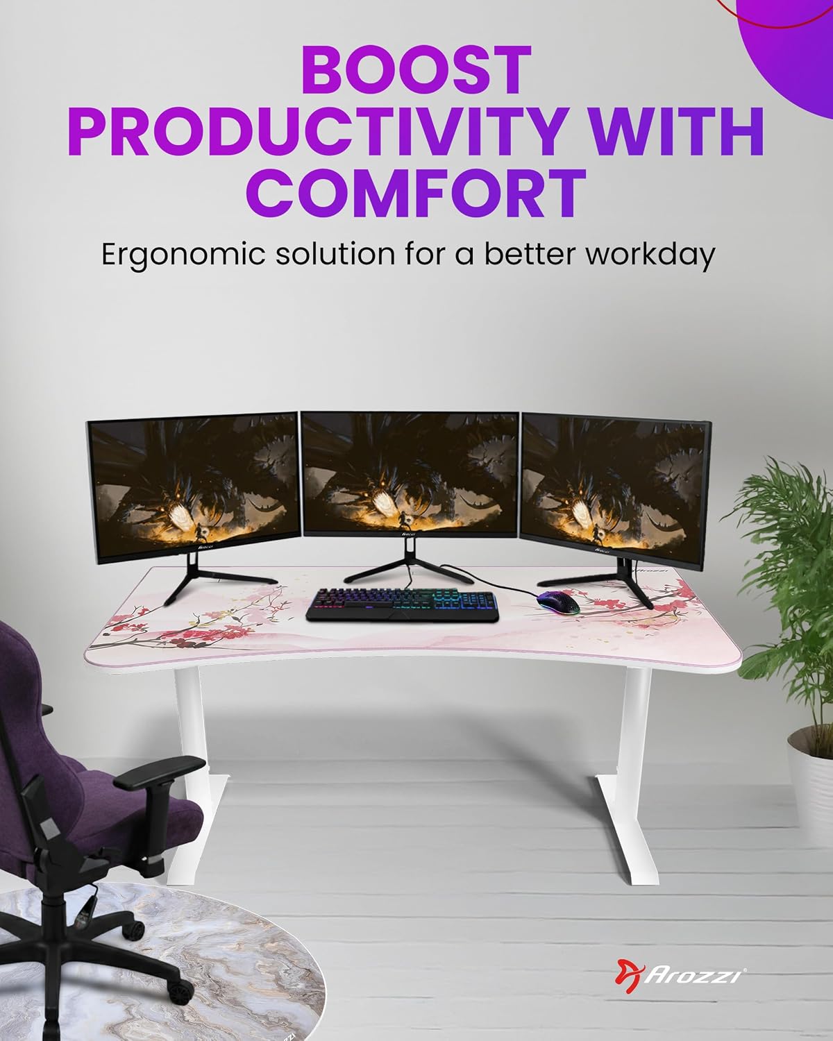 Arozzi Arena Special Edition Ultrawide Curved Gaming and Office Desk with Ful...