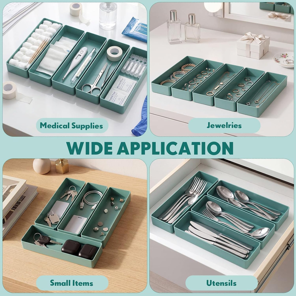 Teling 12 Pcs Sage Green Plastic Desk Drawer Organizer Pen Tray Shallow