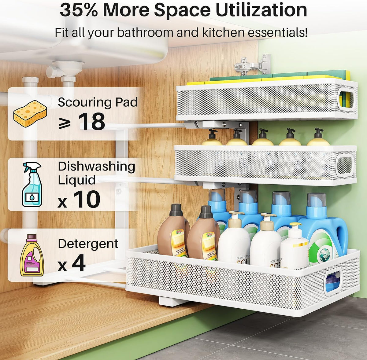 Kitstorack Under Sink Organizer, 2-Pack 3-Tier Height Adjustable Thickened Me...