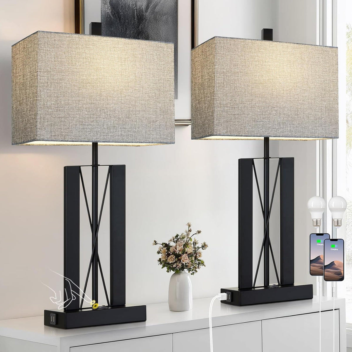 Lolikit 25" Table Lamps Set of 2, Modern Table Lamp for Living Room with...