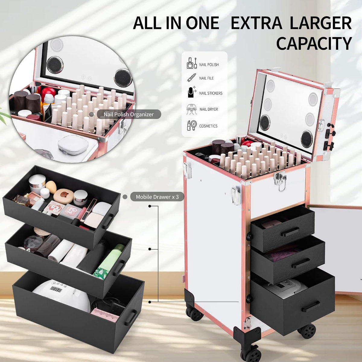 Portable Manicure Table 3 Drawers, Rolling Lockable Makeup Train Case with Bl...