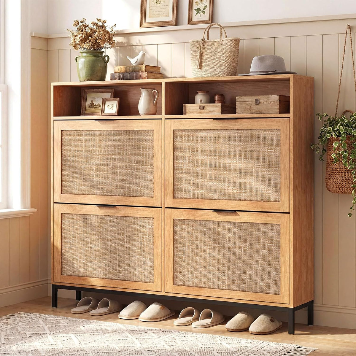 GIANTEX Slim Shoe Storage Cabinet with 4 Flip Drawers & 2 Open Compartments