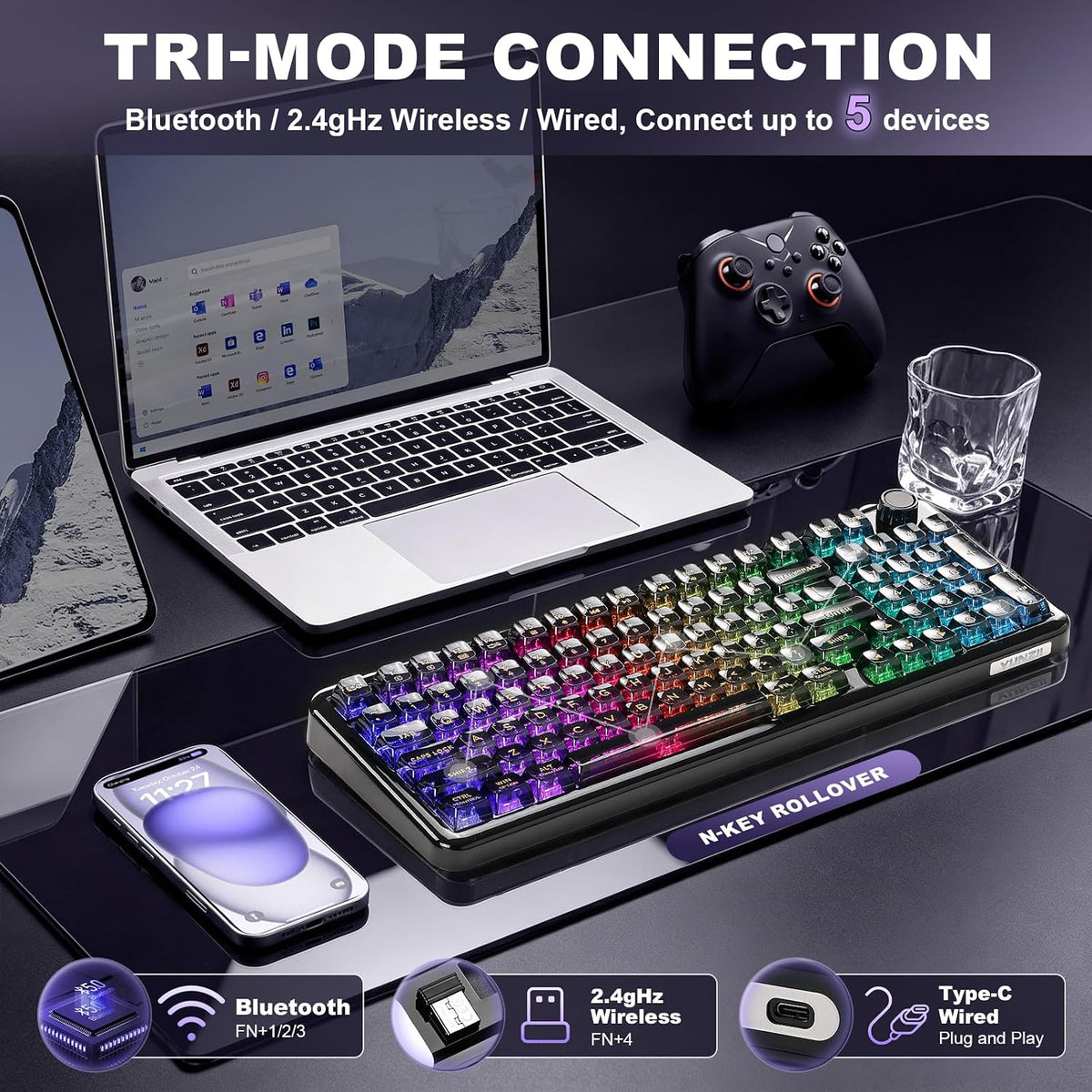 YUNZII X98 96% Wireless Hot Swap RGB Keyboard(Black, Crystal Switch)