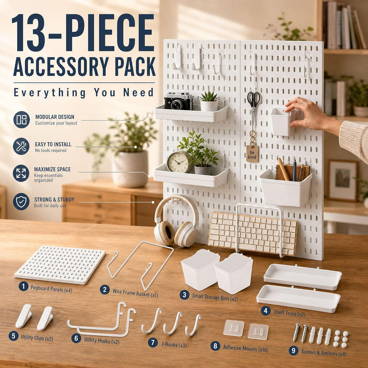 AKTOP Plastic Peg Board Wall Organizer 4-Pack, 12"x12" Pegboard Kit...
