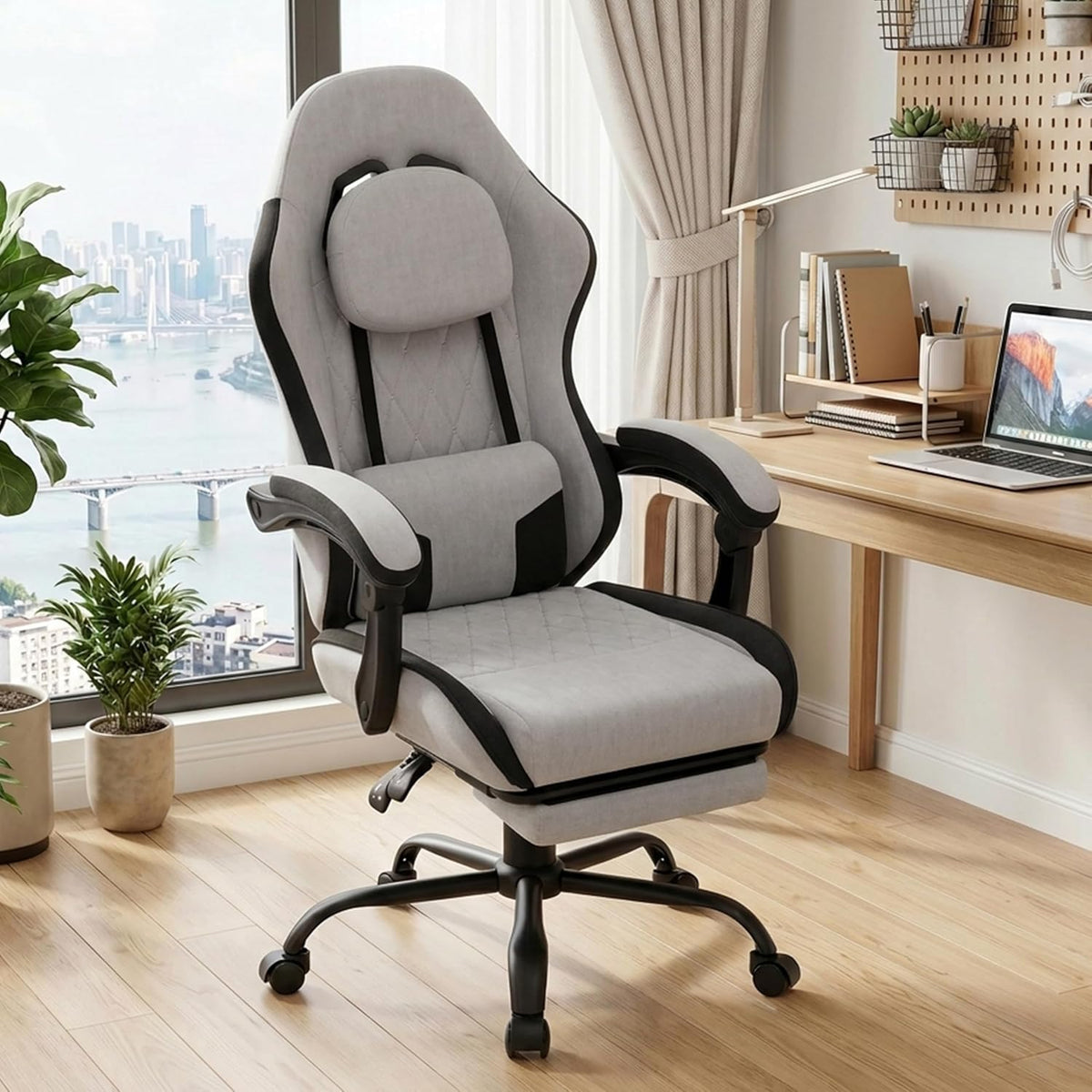 Gaming Chair for Adults, Computer Chair Fabric, Footrest, Reclining, Gray