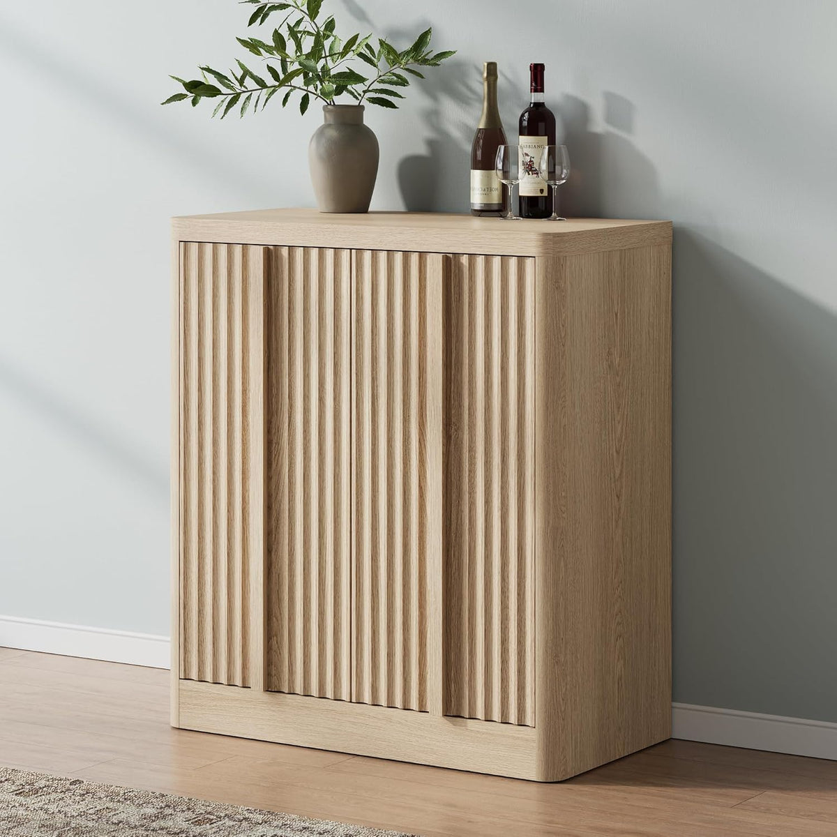 31" Fluted Sideboard Buffet Cabinet with Solid Wood Handles, Natural(1PC)