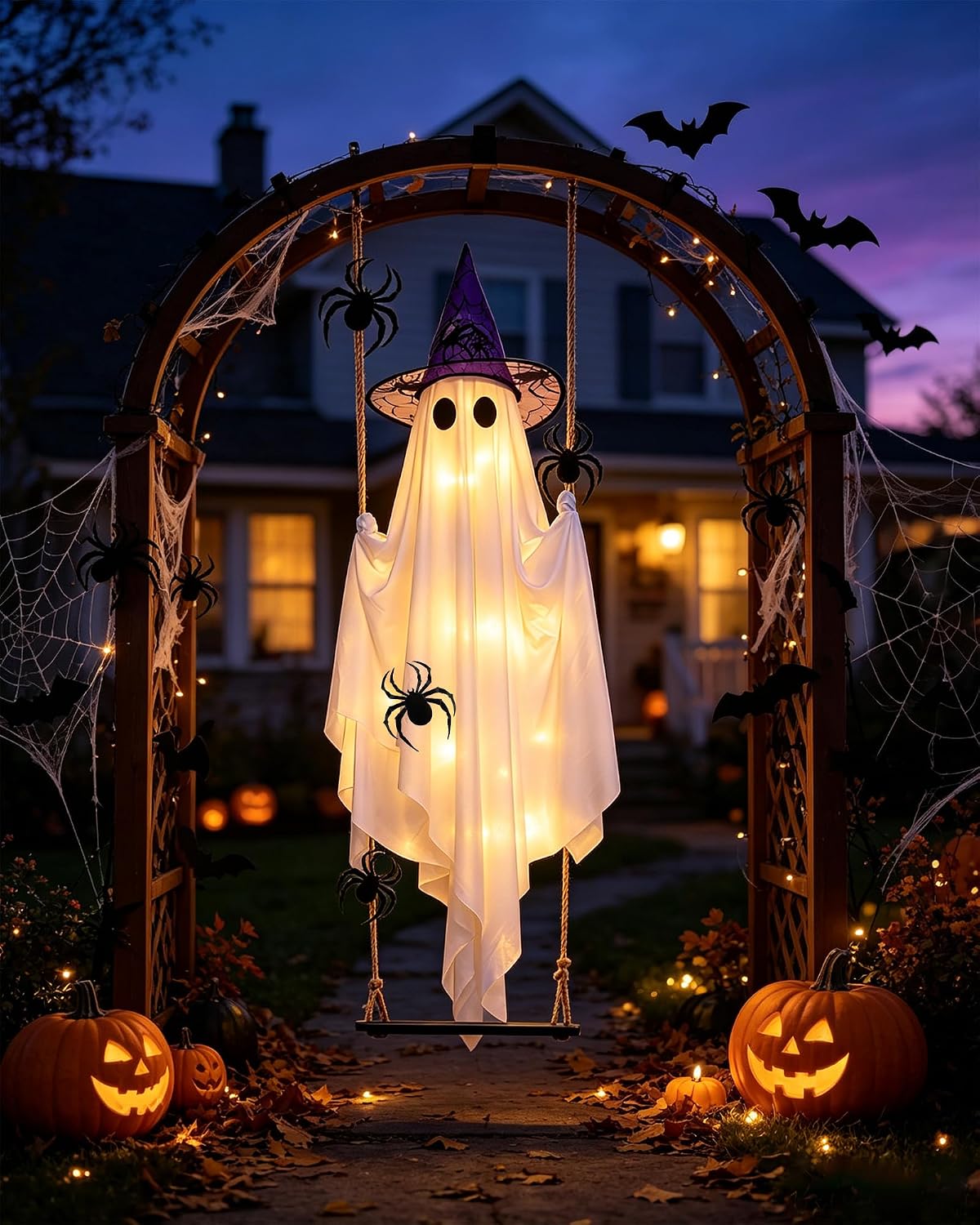 Swinging Ghost with 2PCS Hat & 12PCS Spider Halloween Decoration Outdoor