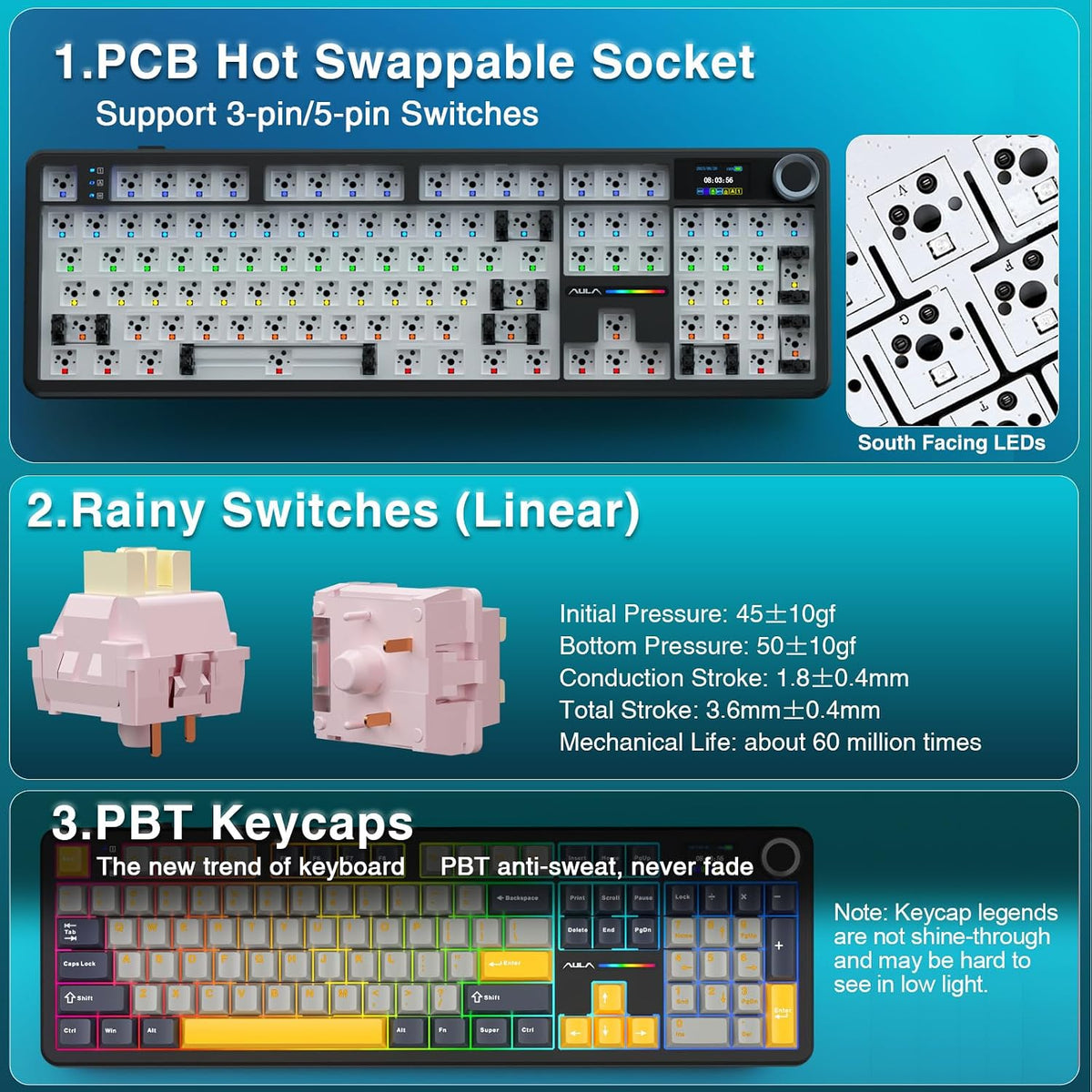 AULA F108 PRO - Wireless Mechanical Keyboard with Screen&Knob,Hot Swappab...