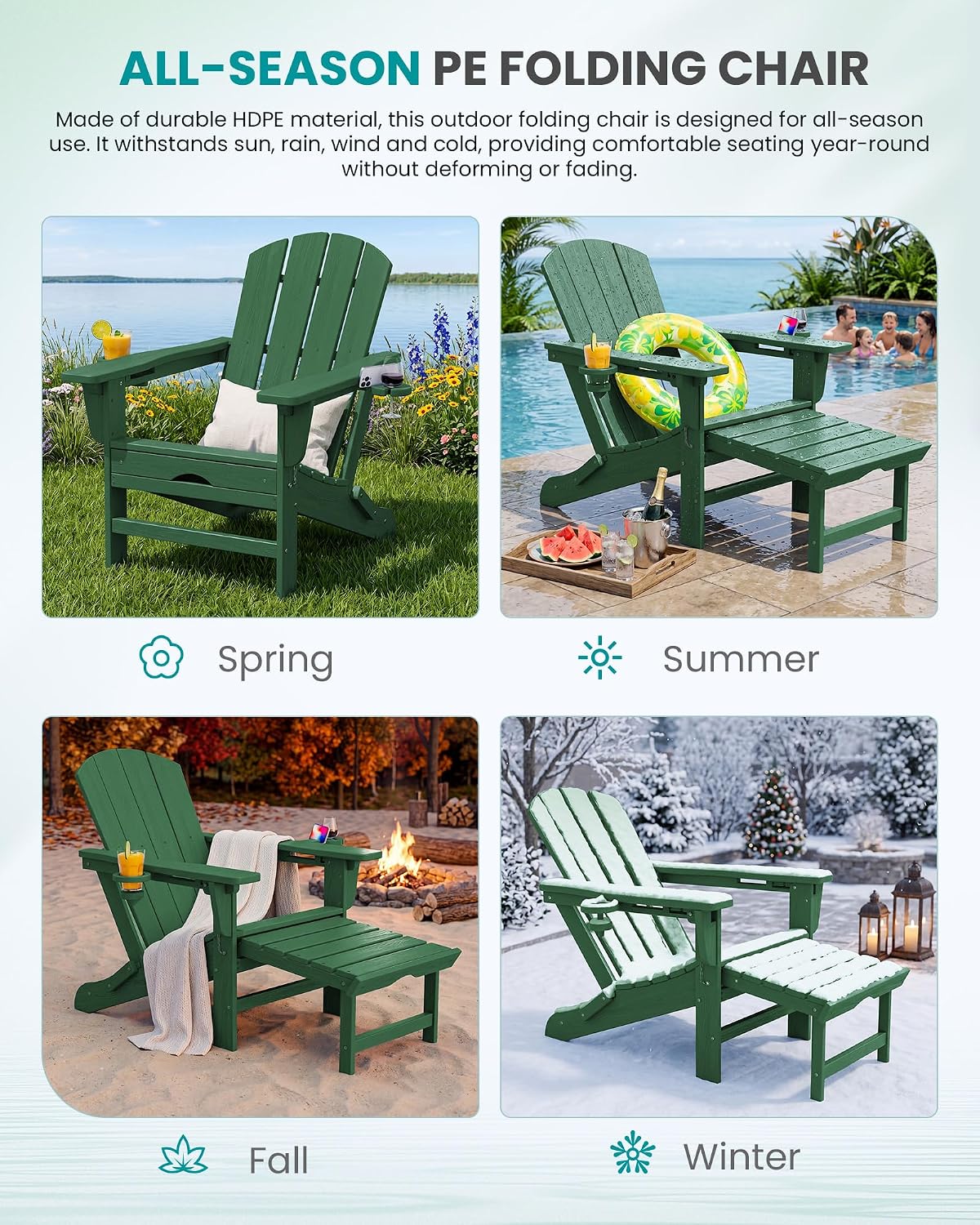 SERWALL HDPE Folding Adjustable Adirondack Chair with Footrest, Green