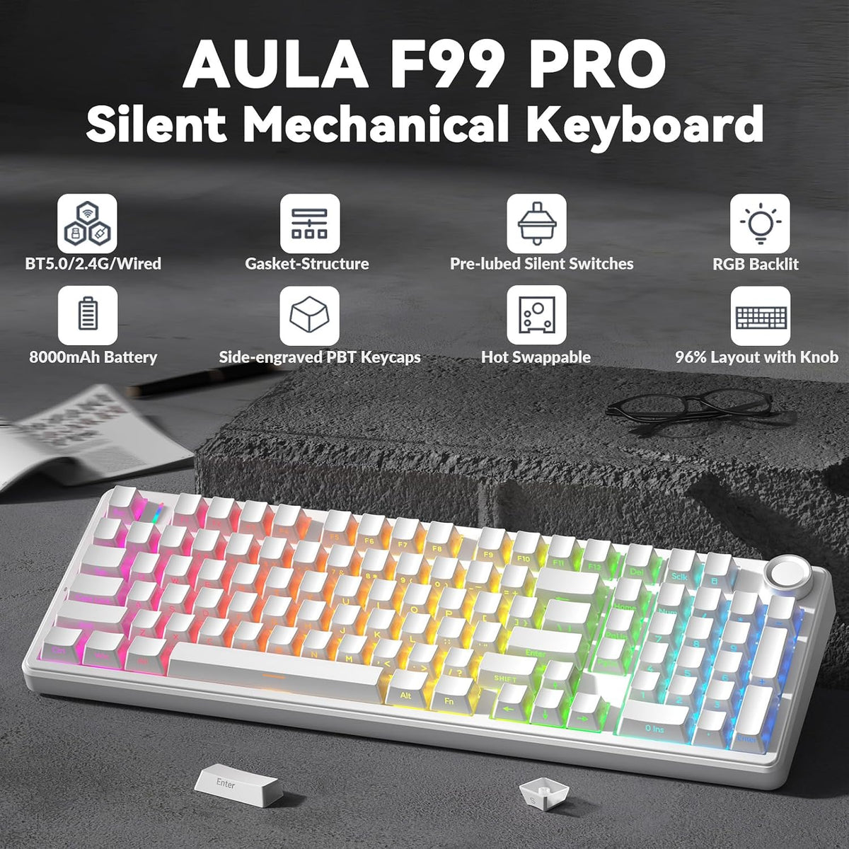 AULA F99 Pro Wireless Mechanical Keyboard-Silent Version,BT5.0/2.4GHz/USB-C H...