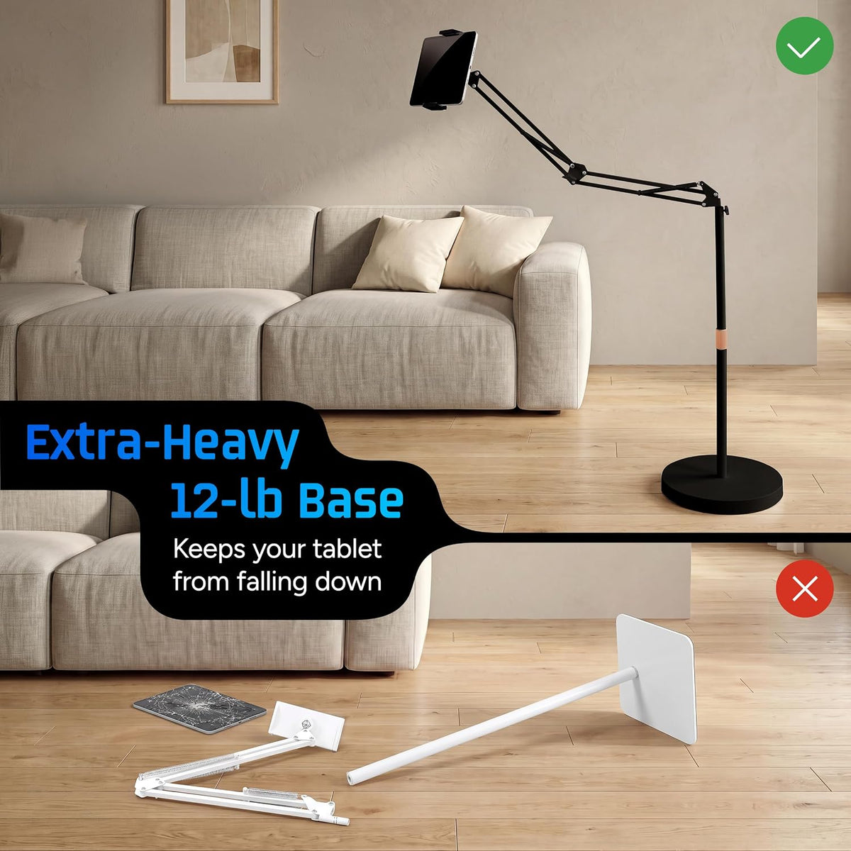 Tablet Floor Stand, 12lb Weighted Base, Tray & Phone Holder, Black