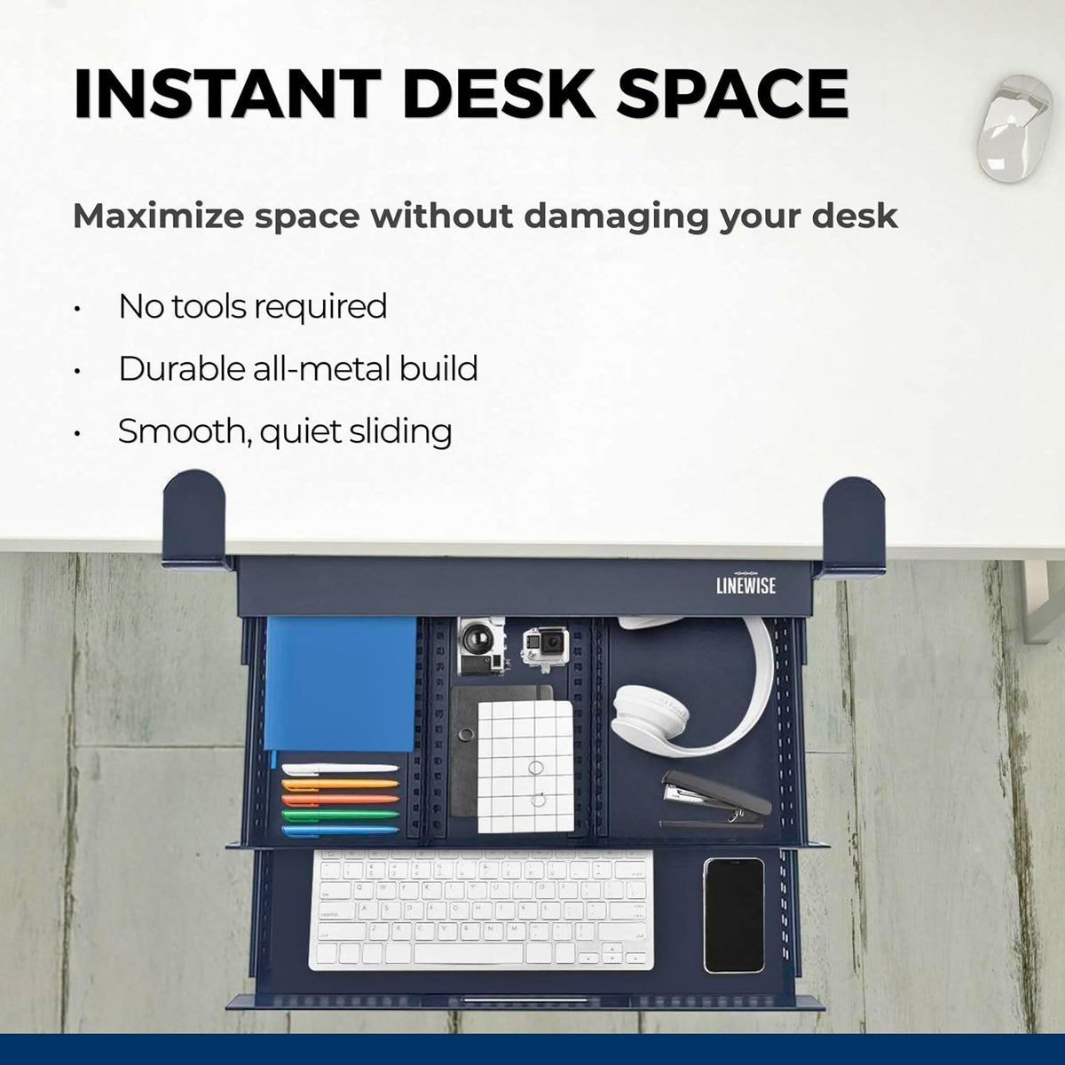 Clamp-On Under Desk Drawer Slide Out - No-Drill Metal Storage, LINEWISE