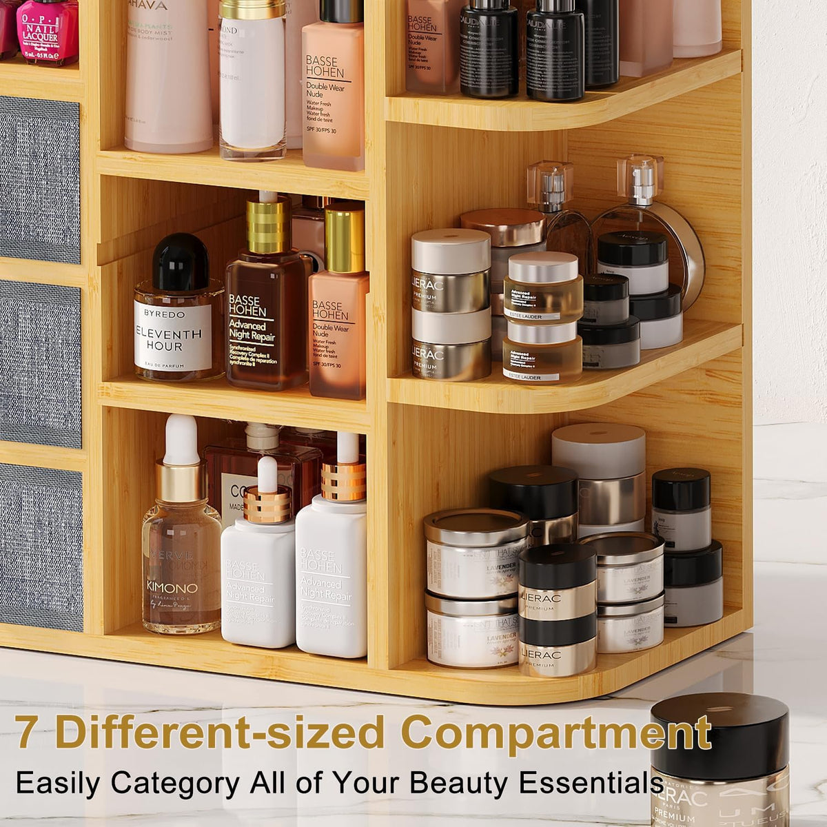 Large Makeup Organizer For Vanity, Large Capacity 3 Tiers Bamboo Bathroom Cou...