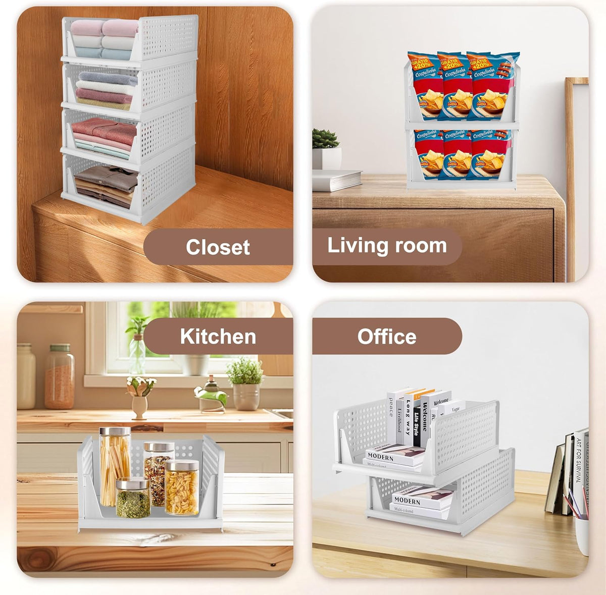 Whitmor Foldable Closet Storage Basket 4 Pack, Space-Saving & Stackable C...