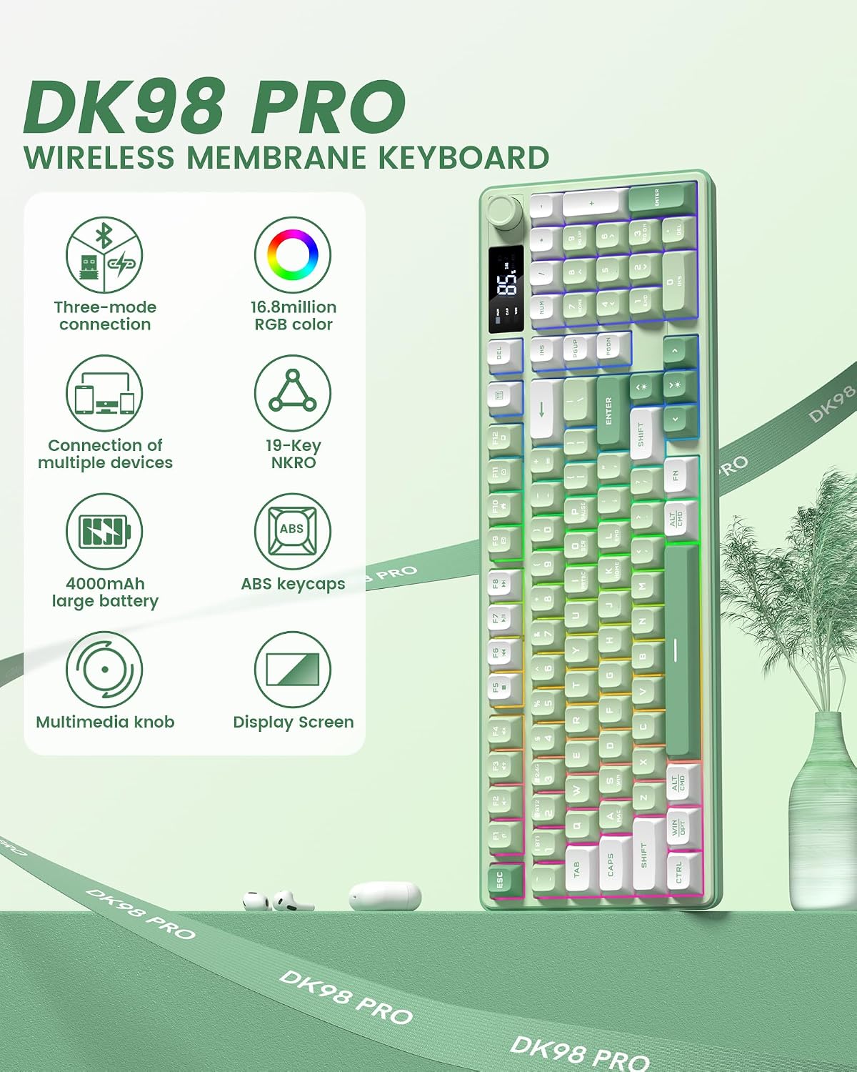Keymatic Gaming Keyboard Wireless Creamy Keyboard with Media Knob & Scree...