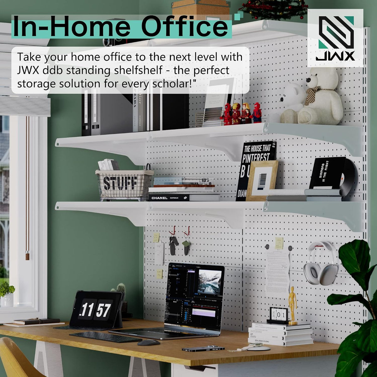 JWX Standing Pegboard Shelf Unit, White Gaming Home Office Garage Cabinets wi...
