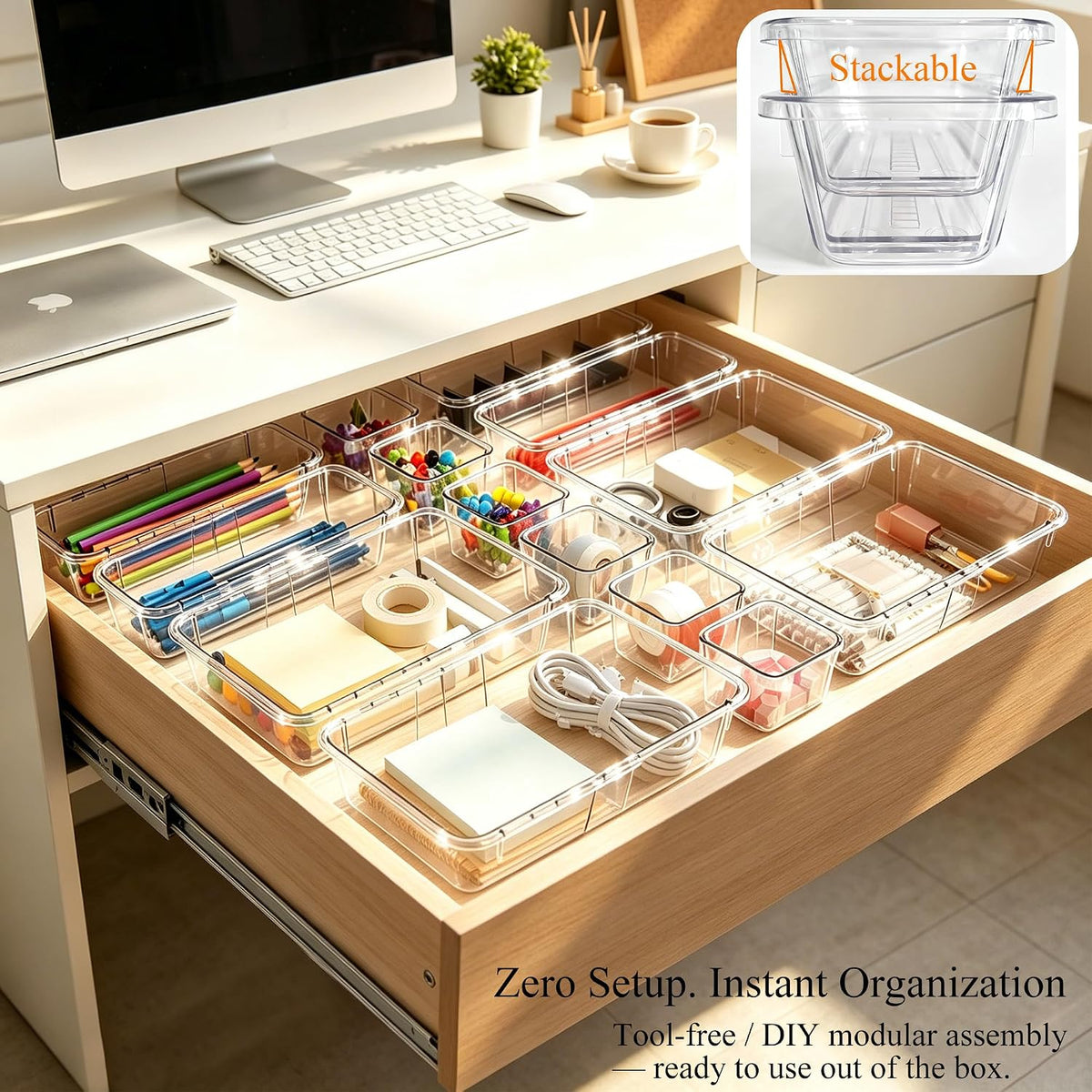 14Pcs Clear Expandable Drawer Organizer Bins for Vanity Desk Bathroom