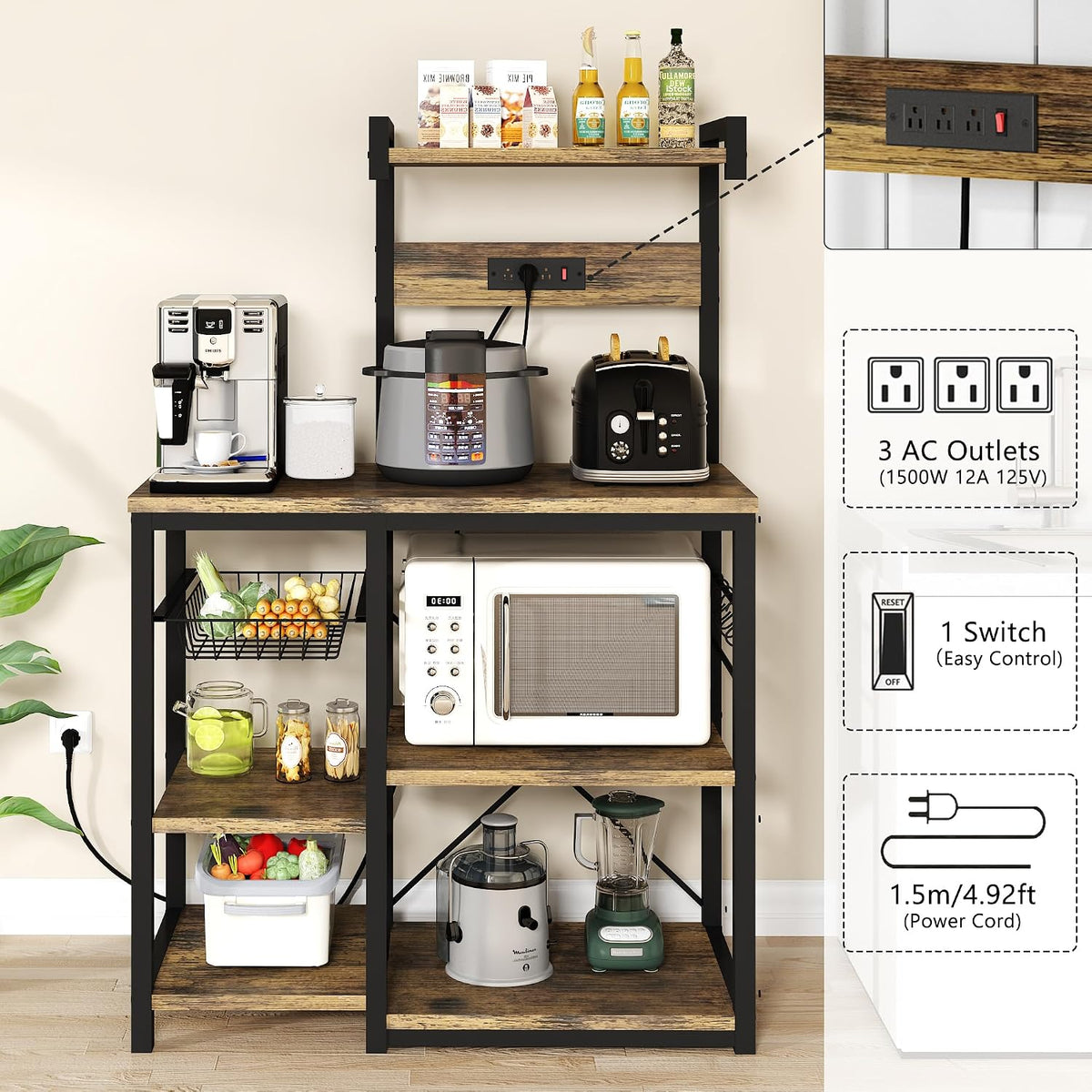 Recaceik Bakers Rack Kitchen Storage Rack with Power Outlet Microwave Stand C...