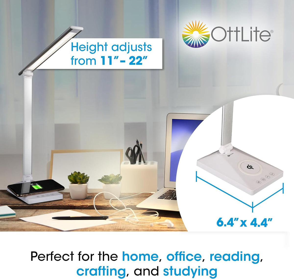 OttLite Entice LED Desk Lamp with Wireless Charging, White and Silver