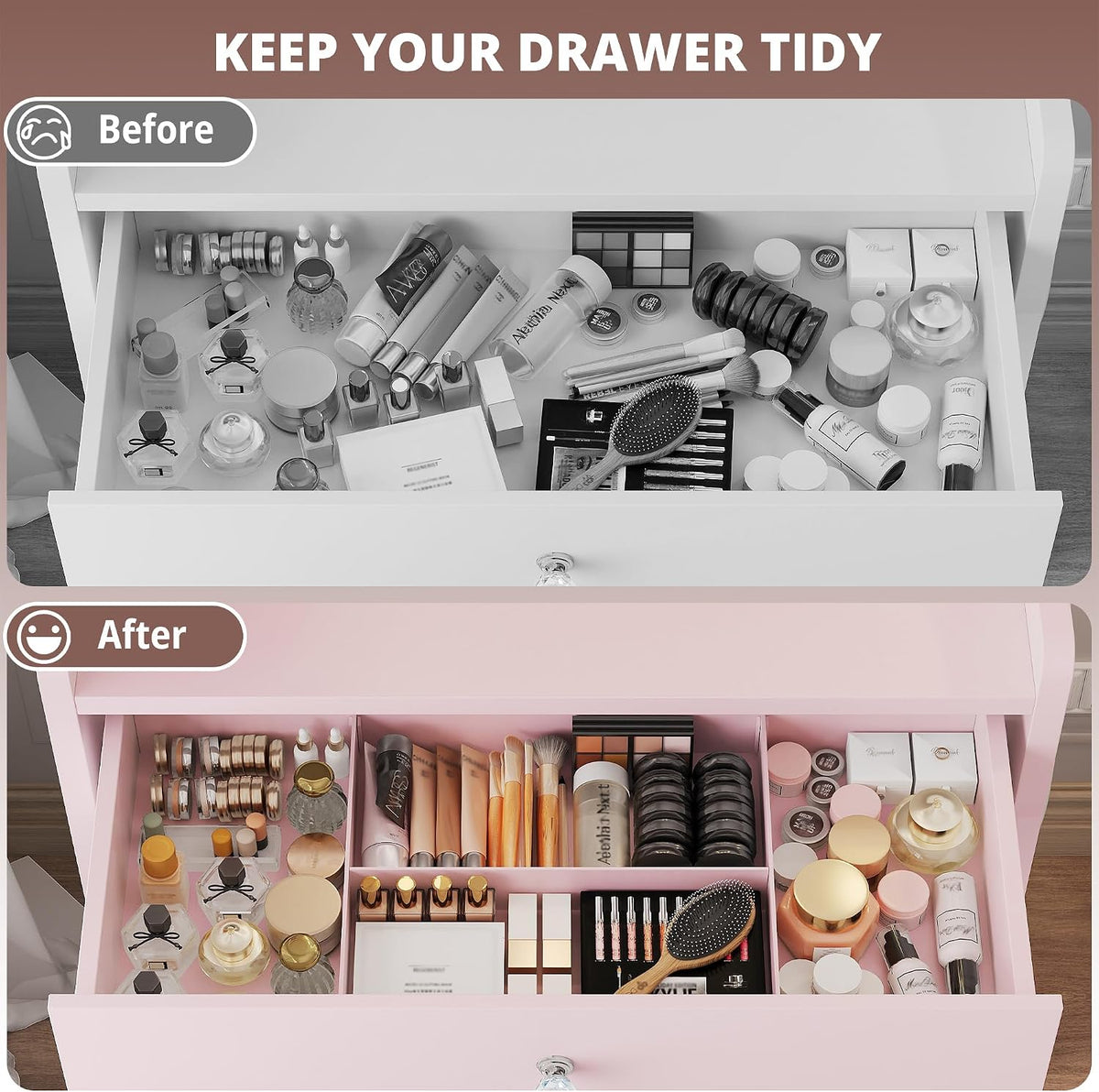 LIKIMIO Small Vanity Desk with Mirror Lights and Storage Stool, Pink