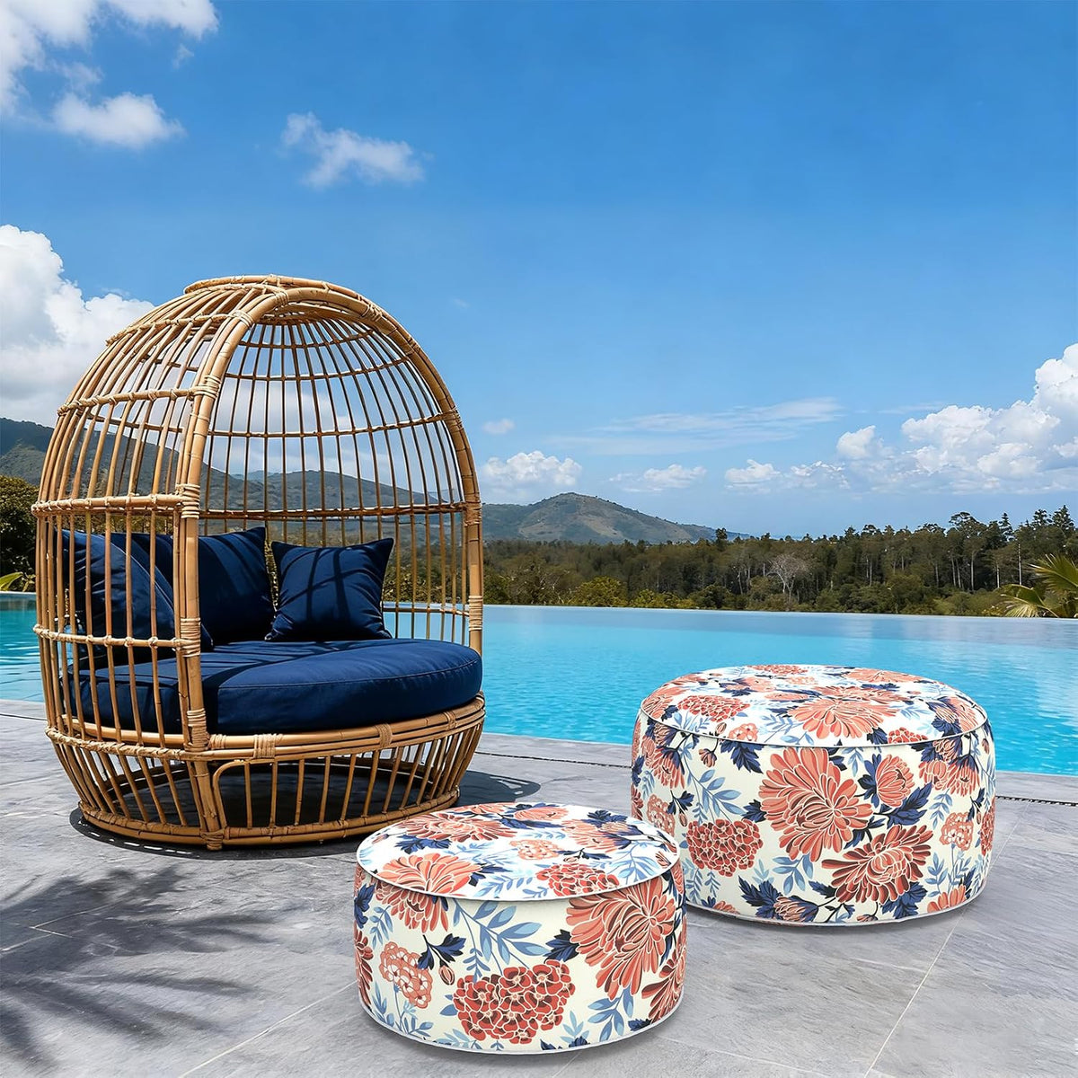 Indoor/Outdoor Inflatable Ottoman with Handle, Decorative Fade-Resistant Roun...