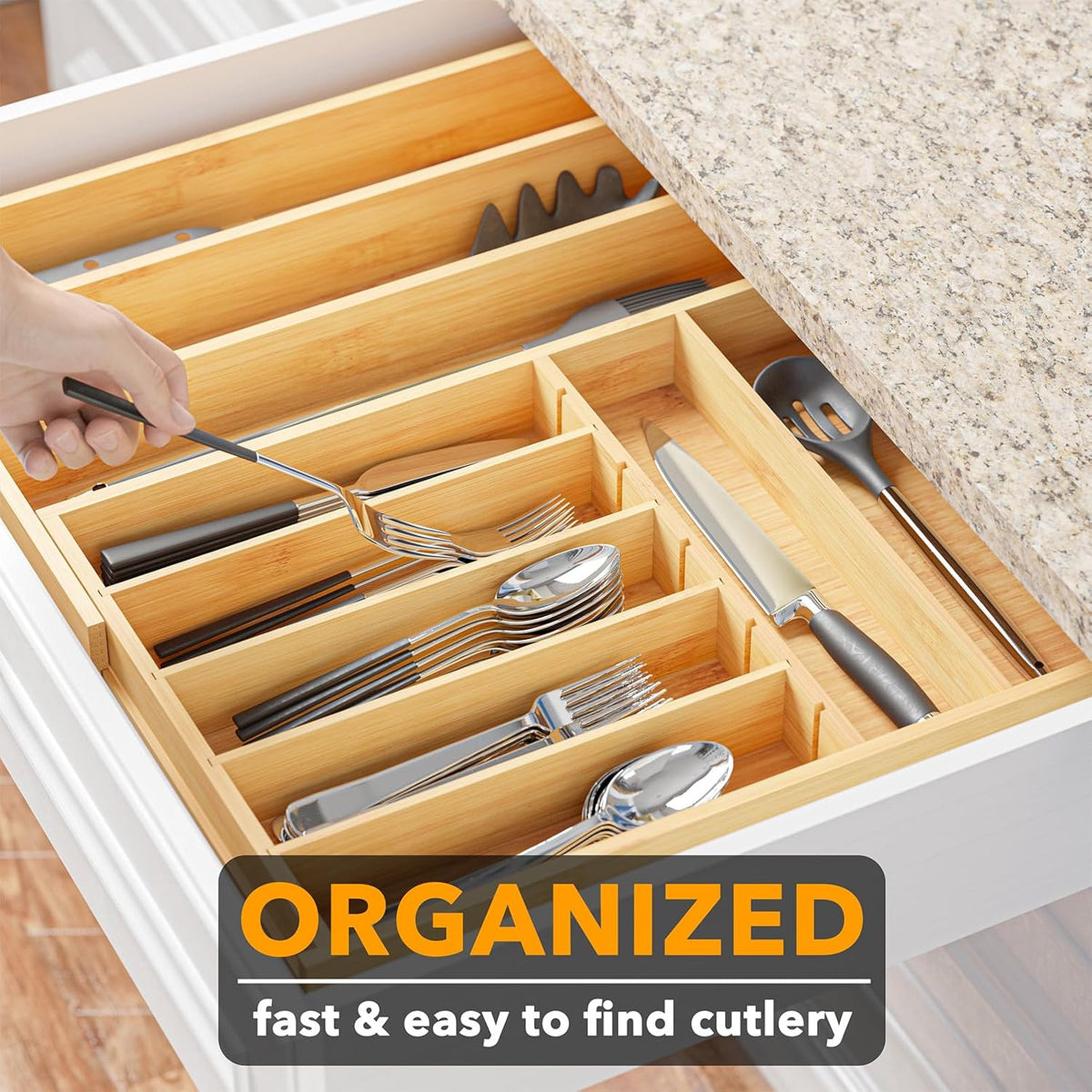 SpaceAid 2.5" High Bamboo Silverware Drawer Organizer with Labels, Kitch...