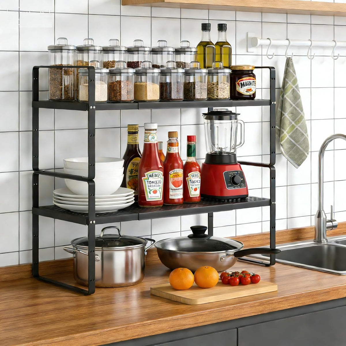Expandable Storage Shelf, Stackable Organizer Rack, Black Large 1 PK