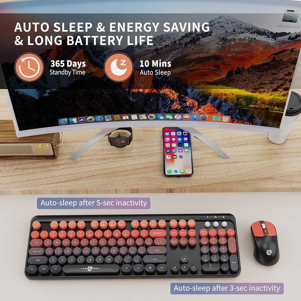 FOPETT Wireless Keyboard and Mouse Combo, 104 Keys Full-Sized 2.4 GHz Round K...
