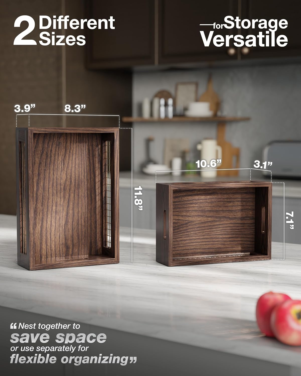 Set of 2 Wooden Countertop Baskets with Sturdy Wire Mesh & Handles