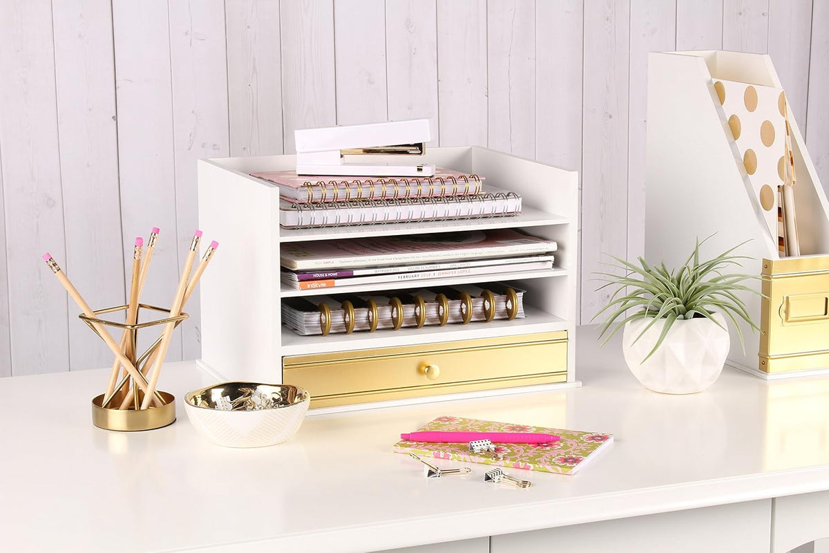 Kate and Laurel Industrious Desktop Wood Letter Tray with 3 Trays and Drawer,...
