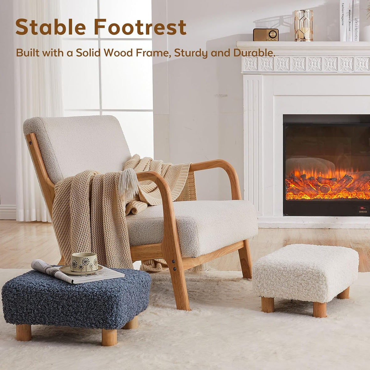 Small Foot Stool Ottoman, Sherpa Footstool Ottoman Foot Rest for Couch, Recta...