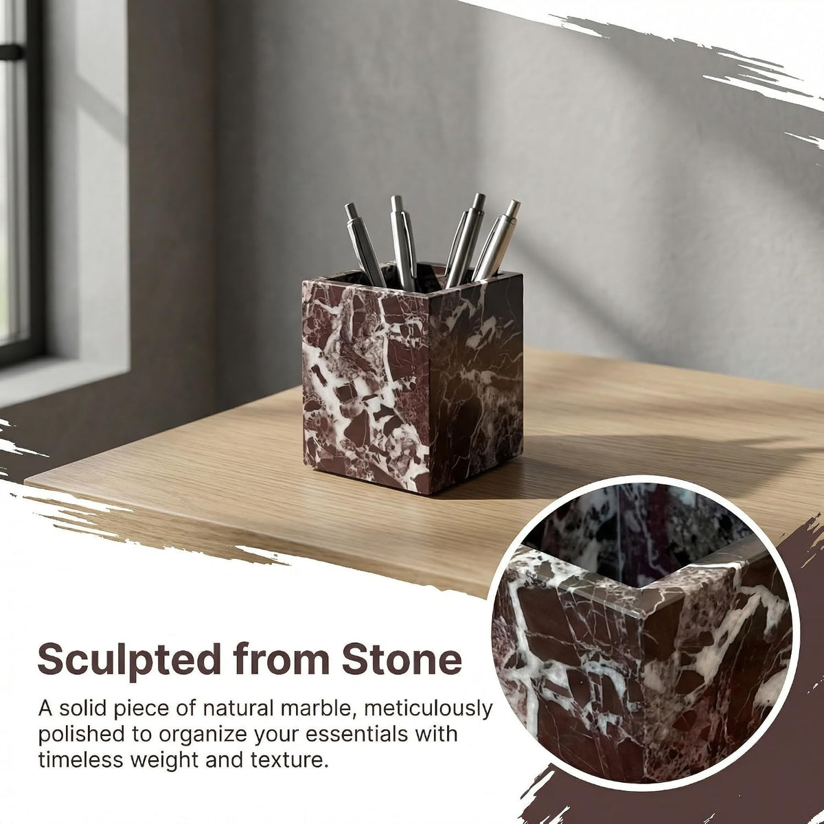 Natural Marble Pen Holder, Square Desk Organizer, Marble Toothbrush Holder, M...