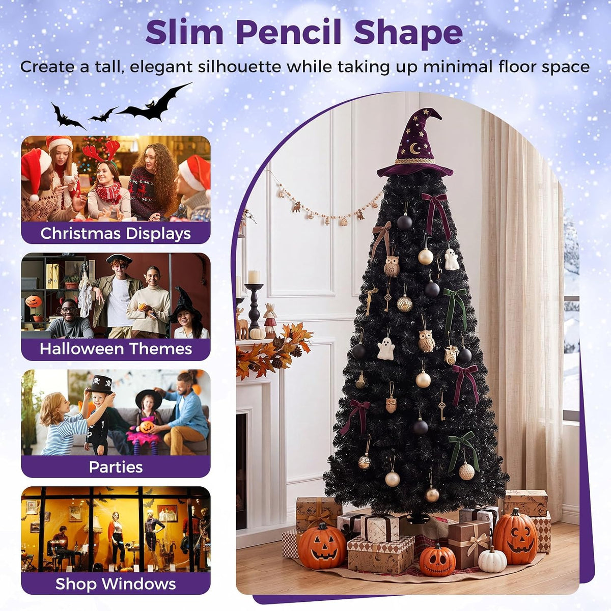 HAPPYGRILL 6 FT Black Pencil Christmas Tree, Artificial Skinny Xmas Halloween...