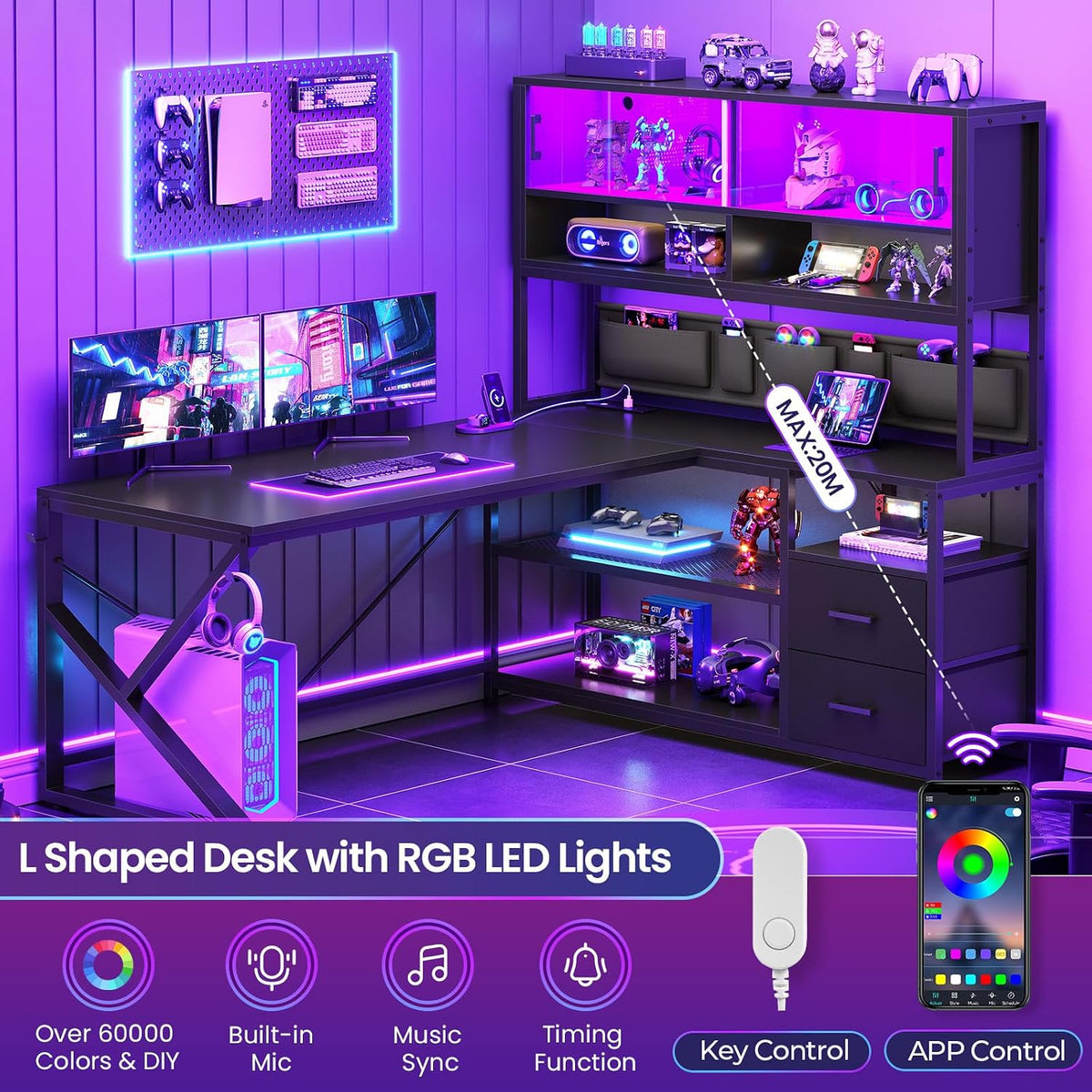 SEDETA L Shaped Gaming Desk with Storage Shelves, 2 Drawer, LED Light