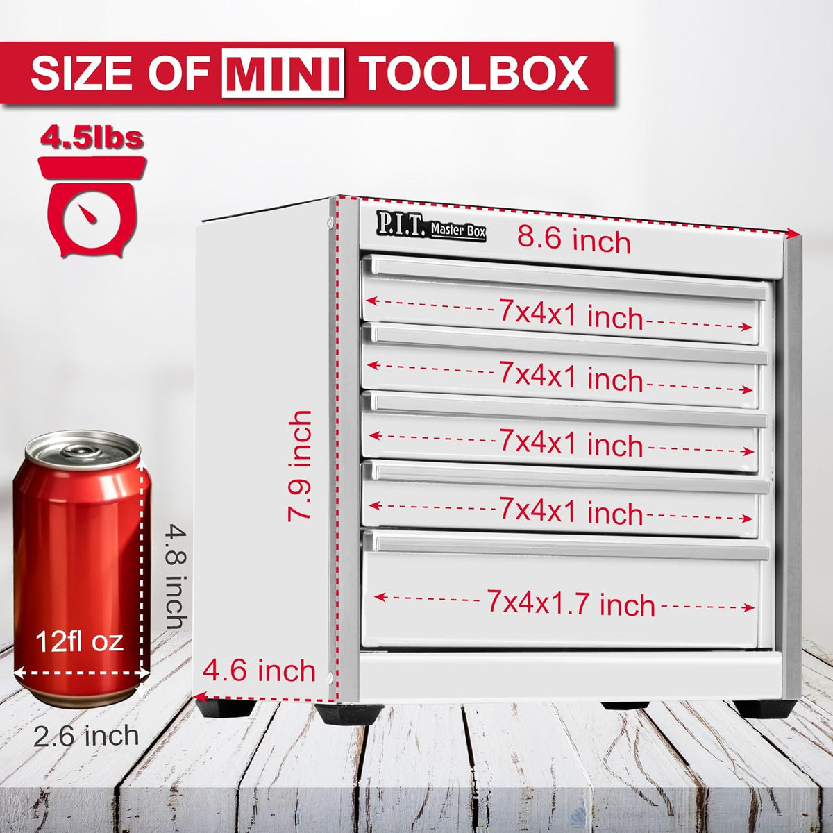 P.I.T. Mini Tool Box,Small Metal Toolbox Organizer with 5 Drawers,White