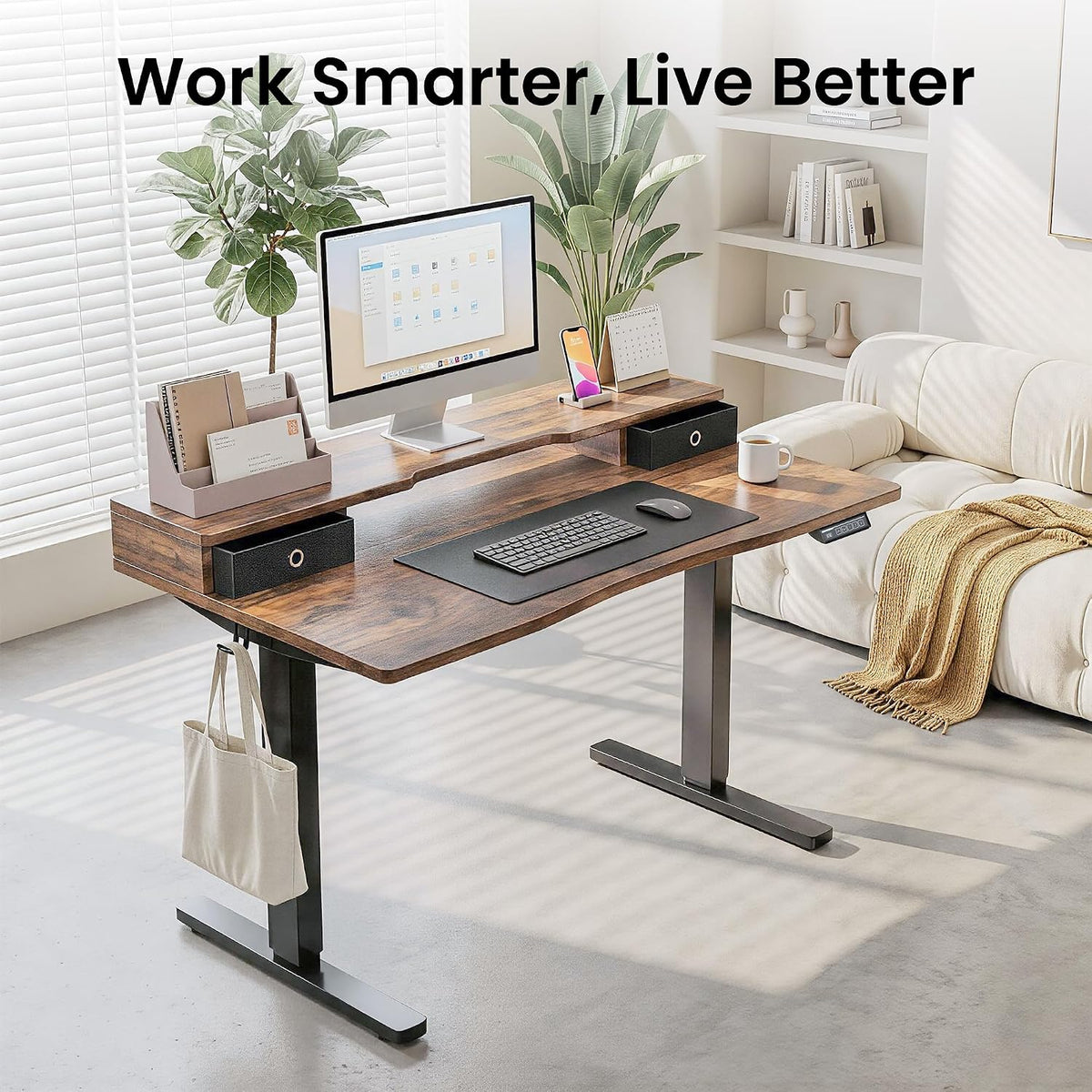 Realbear 55x26 Inch Electric Standing Desk with Drawers, Rustic Walnut