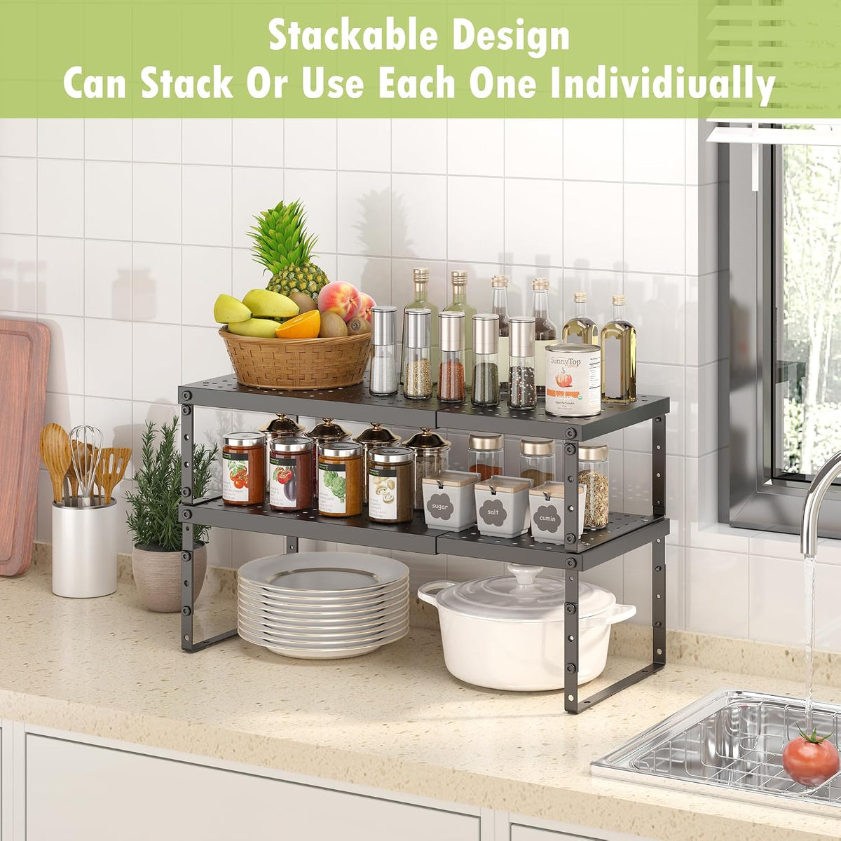 RUILALIFE Expandable Cabinet Organizer Shelf With Adjustable Height, Stackabl...