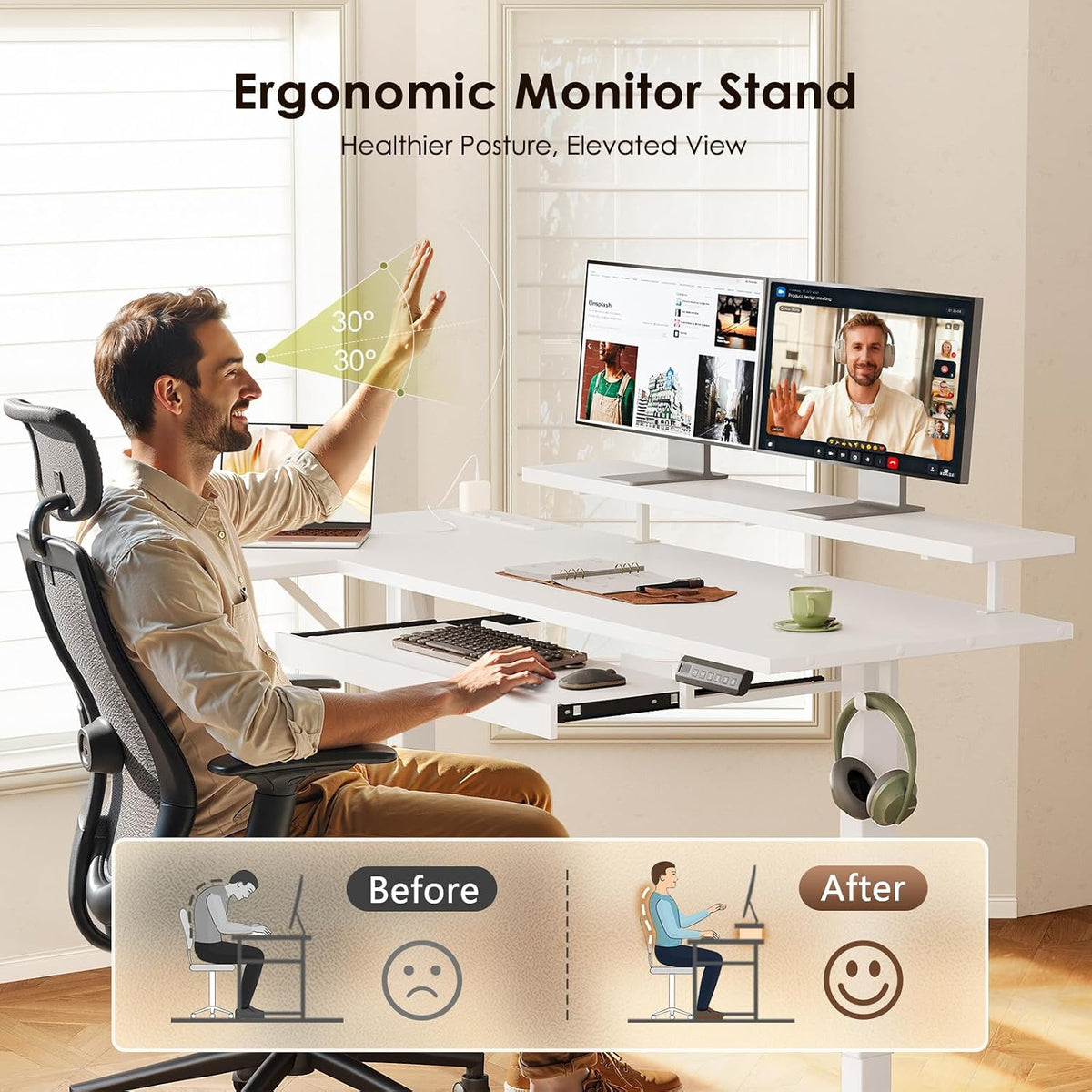OffiGo 63 Inch Reversible L Shaped Electric Standing Desk, White