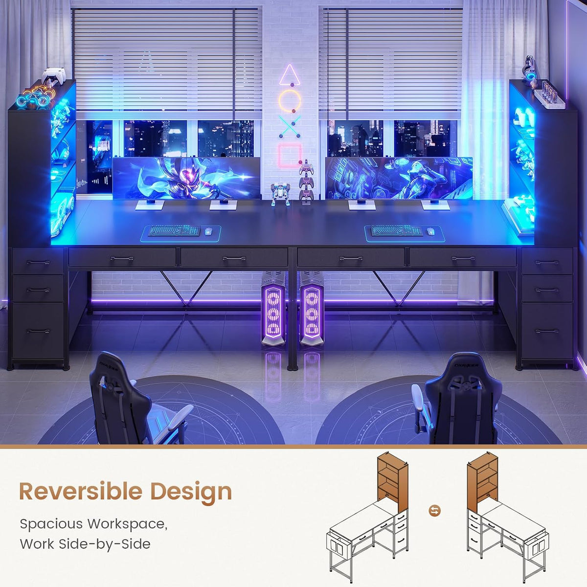SEDETA Computer Gaming Desk with 5 Drawers and Bookshelf, Reversible Home Off...