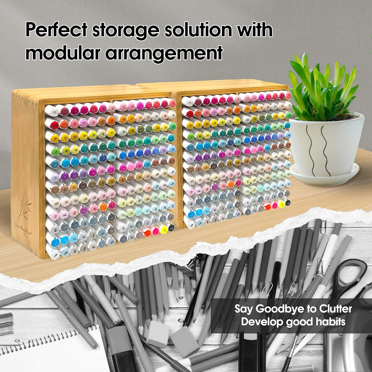 Marker Organizer for 168 Markers,Bamboo Wooden Desk Storage Organizer Rack,Ma...