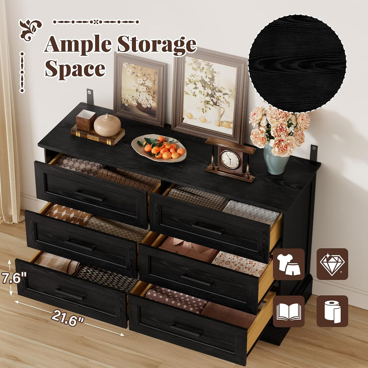 Furmax Farmhouse Dresser for Bedroom, 6 Drawers Dresser, Black