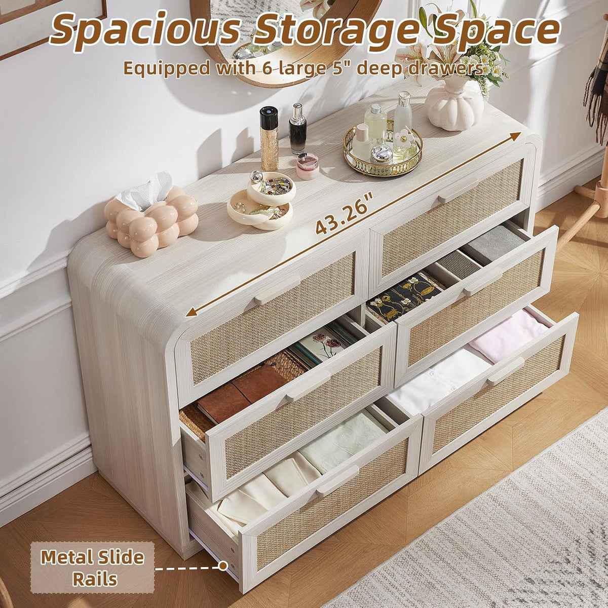 LEYAOYAO Rattan 6 Drawer Dresser for Bedroom, Grey White