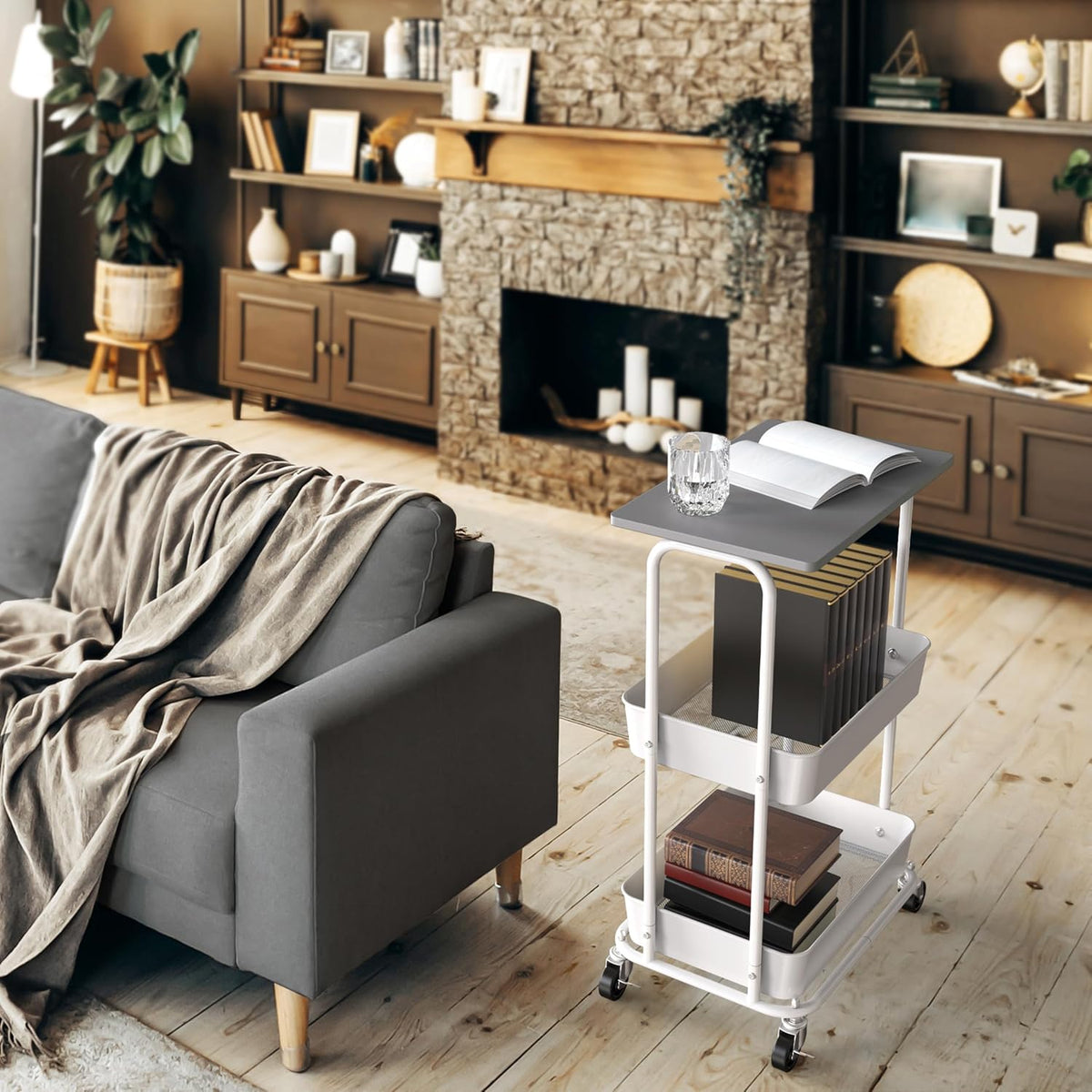 Simple Houseware 2-Tier Rolling Utility Cart Wood Top/Lockable Wheel, Gray