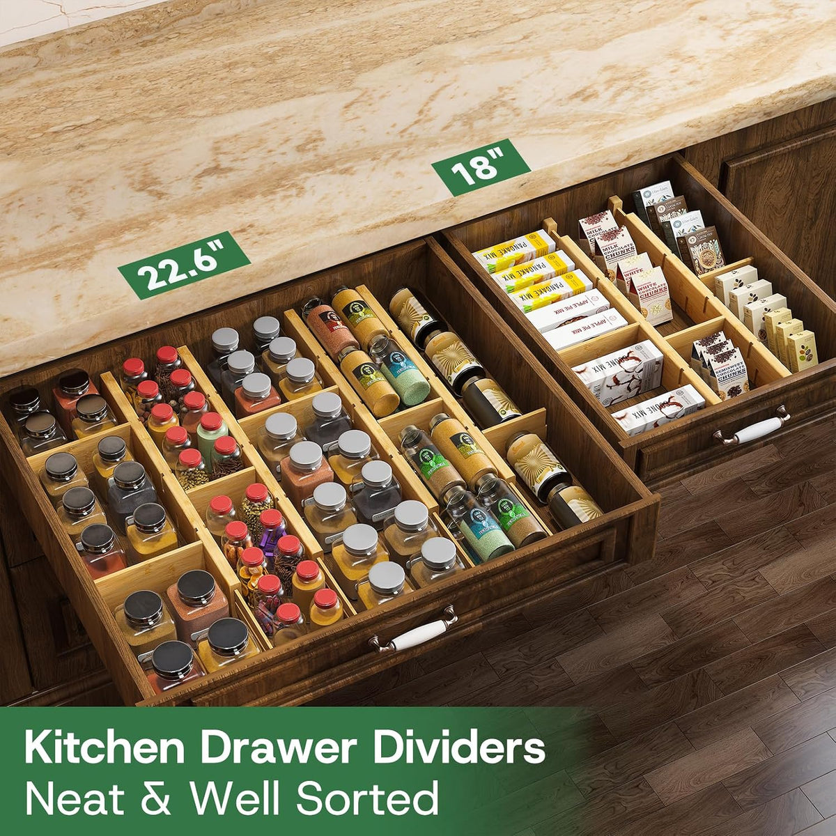 kiplant Bamboo Drawer Dividers - Adjustable Drawer Dividers for Kitchen, Clot...