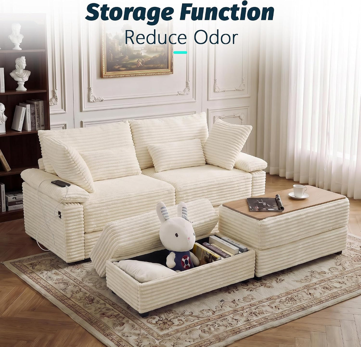 75" Corduroy Loveseat Sofa with Storage Ottoman,USB Charging,Beige